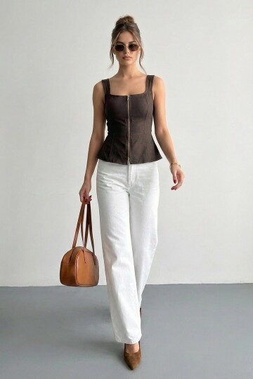 Kare Yaka Fermuarlı Denim Bluz