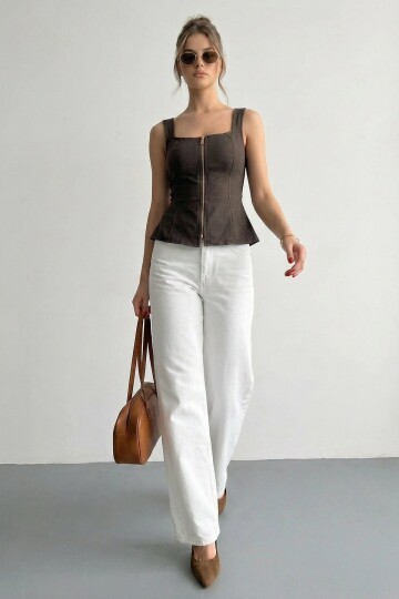 Kare Yaka Fermuarlı Denim Bluz