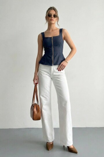 Kare Yaka Fermuarlı Denim Bluz