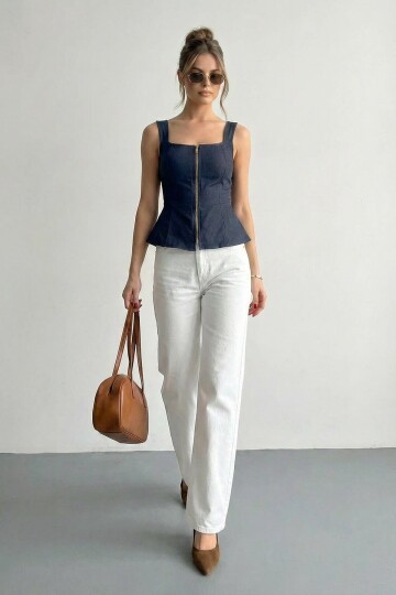 Kare Yaka Fermuarlı Denim Bluz