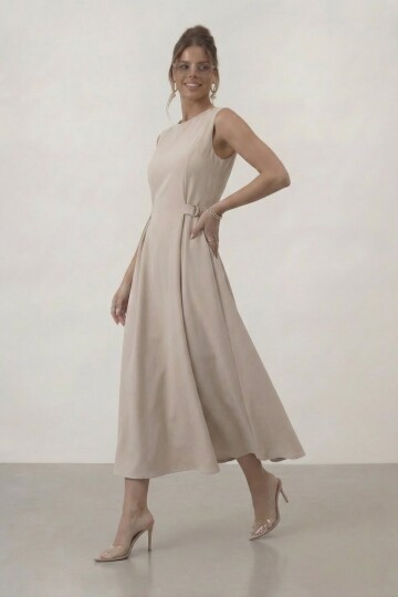 Kemer Detaylı Kolsuz Midi Elbise