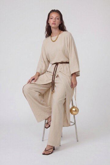 Kemer Detaylı Uzun Kollu Bluz Ve Pantolon Takım