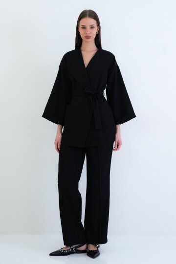 Kemerli Blazer Ceket Ve Yüksek Bel Pantolon Takım