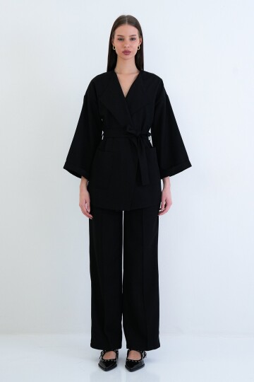 Kemerli Blazer Ceket Ve Yüksek Bel Pantolon Takım