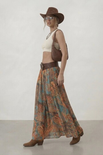 Kemerli Desenli Yüksek Bel Maxi Etek