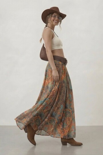 Kemerli Desenli Yüksek Bel Maxi Etek