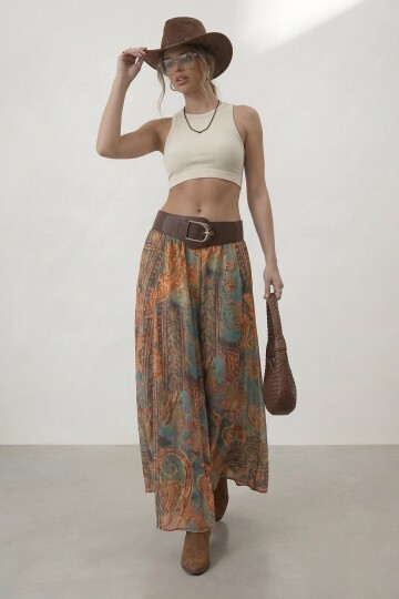 Kemerli Desenli Yüksek Bel Maxi Etek