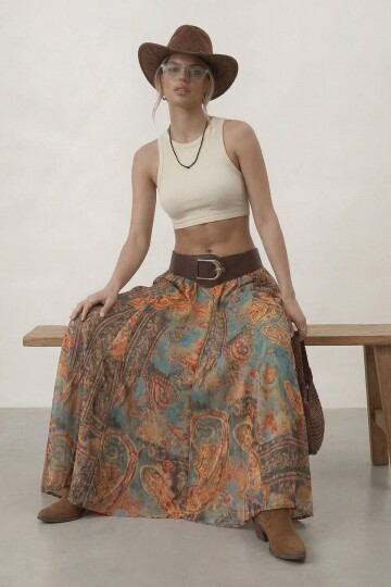 Kemerli Desenli Yüksek Bel Maxi Etek