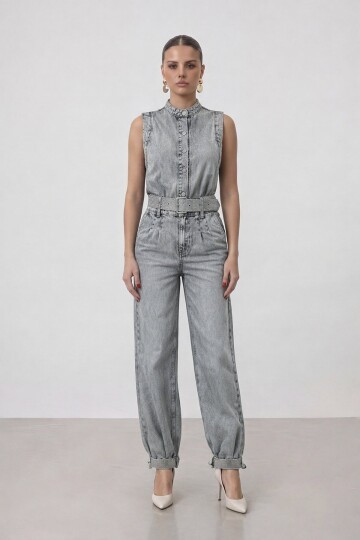 Kemerli Kolsuz Denim  Yelek Ve Jogger Denim Pantolon Takım