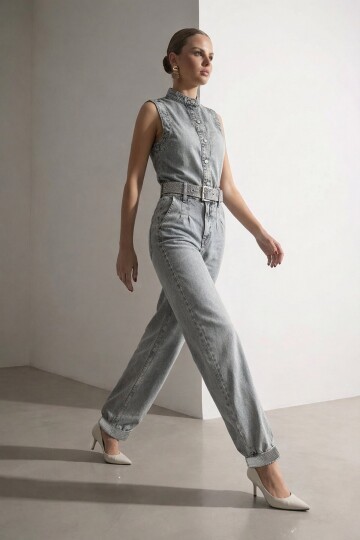 Kemerli Kolsuz Denim  Yelek Ve Jogger Denim Pantolon Takım