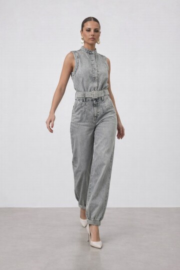 Kemerli Kolsuz Denim  Yelek Ve Jogger Denim Pantolon Takım