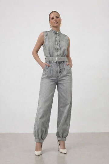 Kemerli Kolsuz Denim  Yelek Ve Jogger Denim Pantolon Takım