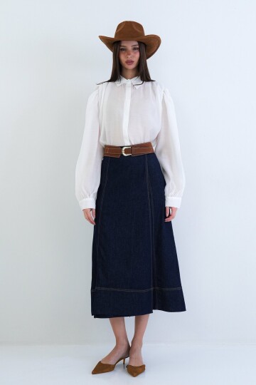 Kemerli Uzun Denim Etek