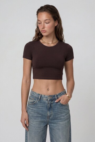 Kısa Kol Bisiklet Yaka Crop Bluz