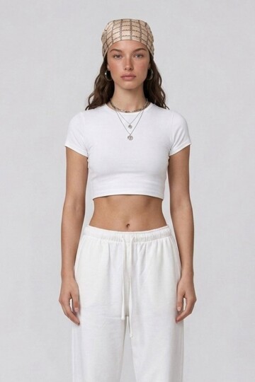 Kısa Kol Bisiklet Yaka Crop Bluz