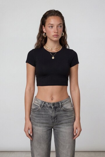 Kısa Kol Bisiklet Yaka Crop Bluz