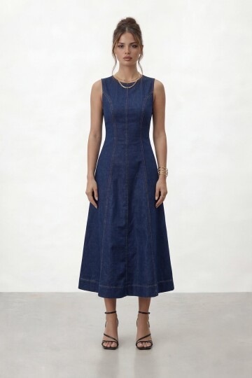 Kolsuz A Kesim Midi Denim Elbise