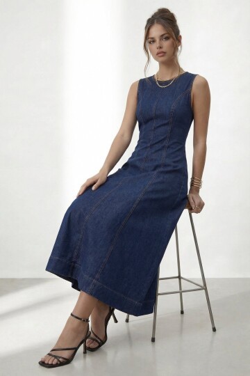 Kolsuz A Kesim Midi Denim Elbise