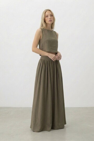 Kolsuz Crop Bluz Ve Uzun Etek Takım