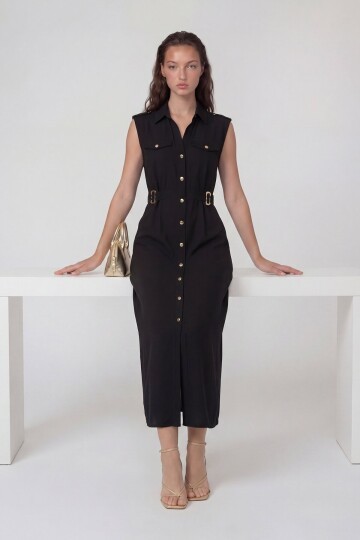 Kolsuz Gömlek Yaka Düğme Ve Kemer Detaylı Midi Elbise