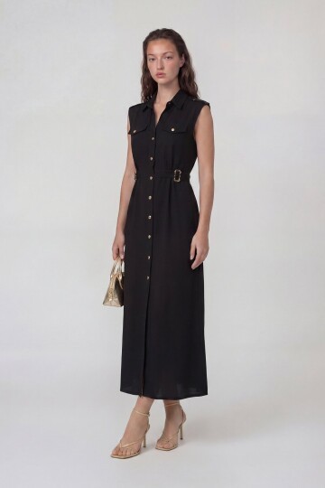 Kolsuz Gömlek Yaka Düğme Ve Kemer Detaylı Midi Elbise