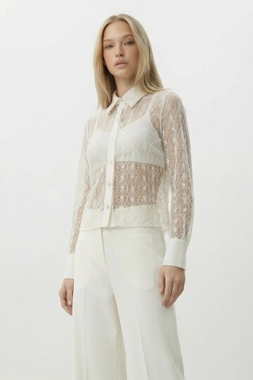 Krem Güpür Premium Tasarım Ham Keten Gömlek