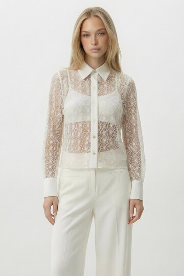 Krem Güpür Premium Tasarım Ham Keten Gömlek