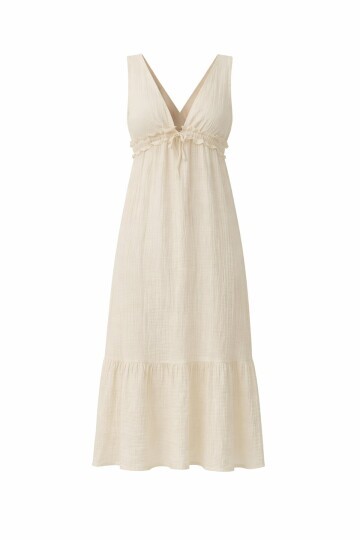 Krem V Yaka Fırfır Detaylı Astarlı Müslin Elbise