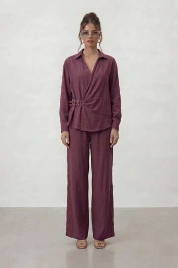 Kruvaze Kesim Bağlamalı Bluz Ve Pantolon Takım