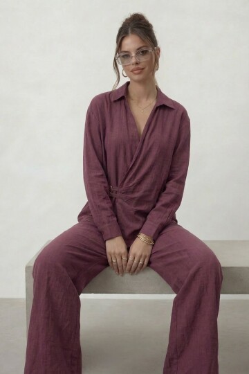 Kruvaze Kesim Bağlamalı Bluz Ve Pantolon Takım