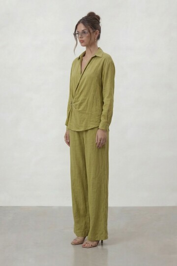 Kruvaze Kesim Bağlamalı Bluz Ve Pantolon Takım