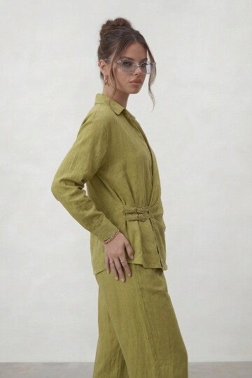 Kruvaze Kesim Bağlamalı Bluz Ve Pantolon Takım