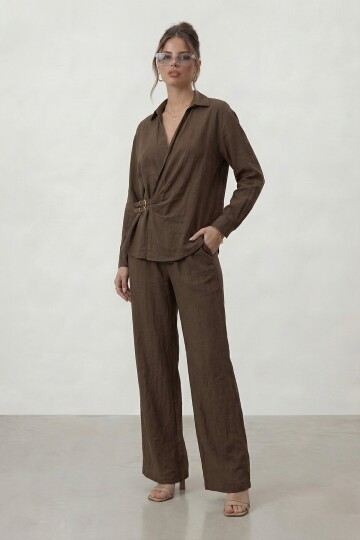 Kruvaze Kesim Bağlamalı Bluz Ve Pantolon Takım