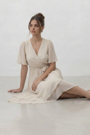 Kruvaze Yaka Belden Bağlamalı Midi Elbise