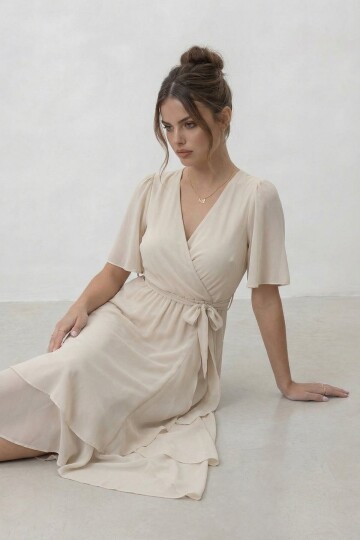 Kruvaze Yaka Belden Bağlamalı Midi Elbise