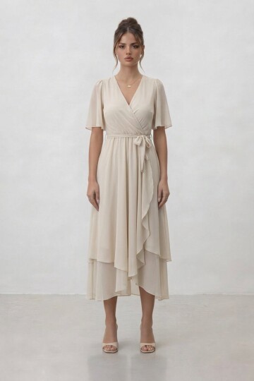 Kruvaze Yaka Belden Bağlamalı Midi Elbise