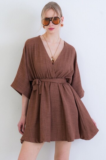 Kruvaze Yaka Beli Büzgülü Sofia Keten Elbise