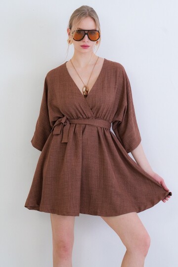 Kruvaze Yaka Beli Büzgülü Sofia Keten Elbise