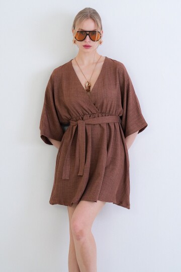 Kruvaze Yaka Beli Büzgülü Sofia Keten Elbise