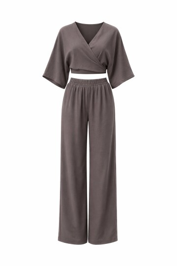 Kruvaze Yaka Bluz Ve Pantolon Takım