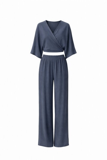 Kruvaze Yaka Bluz Ve Pantolon Takım