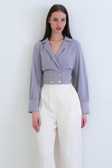 Kruvaze Yaka Düğmeli Crop Ceket