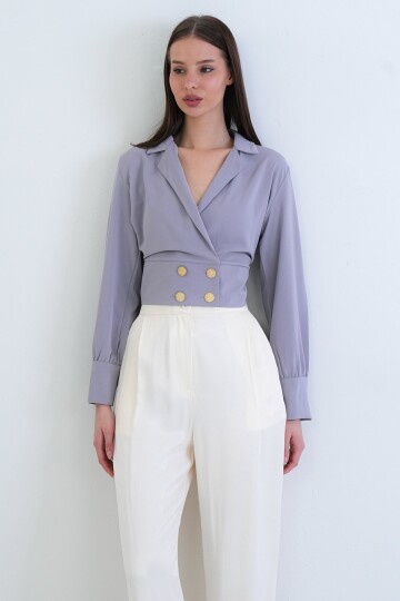 Kruvaze Yaka Düğmeli Crop Ceket