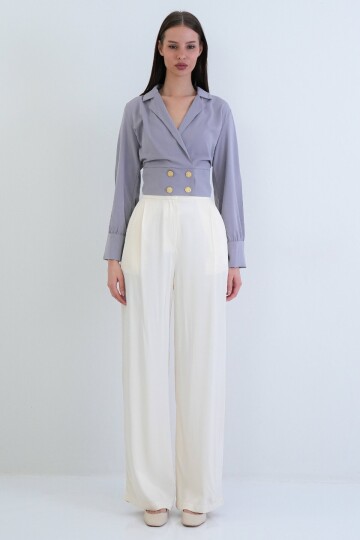 Kruvaze Yaka Düğmeli Crop Ceket