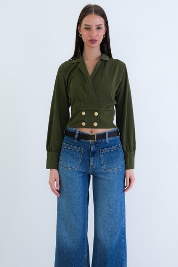 Kruvaze Yaka Düğmeli Crop Ceket