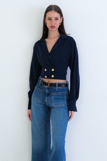 Kruvaze Yaka Düğmeli Crop Ceket