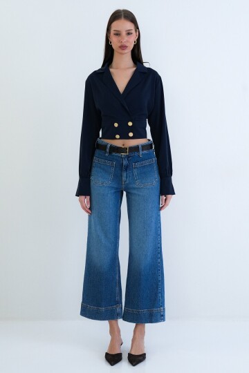 Kruvaze Yaka Düğmeli Crop Ceket