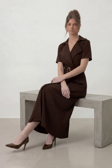 Kruvaze Yaka Gold Kemer Detaylı Kısa Kol Uzun Elbise