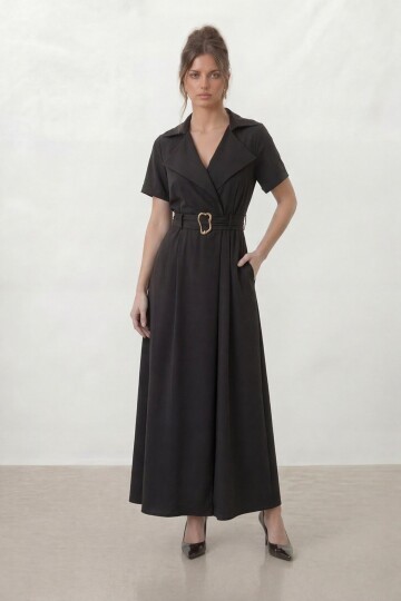 Kruvaze Yaka Gold Kemer Detaylı Kısa Kol Uzun Elbise