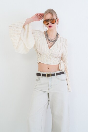 Kruvaze Yaka İspanyol Kol Crop Bluz